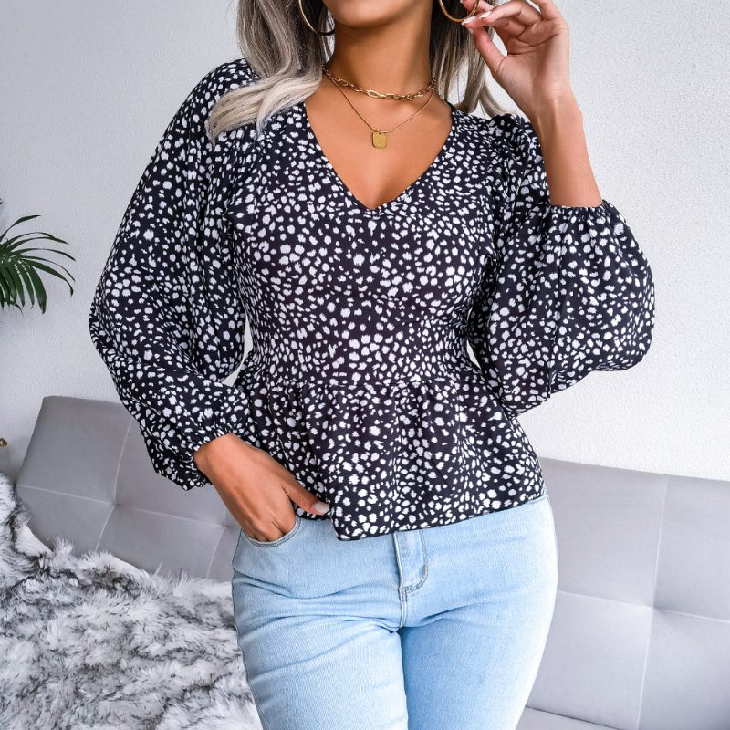 Lantern Long Sleeve Casual Leopard Print Chiffon Shirt Top Women Clothing Spring Summer - Image 5