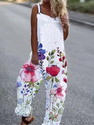 Summer Women Clothing Printed Sleeveless Strap Loose Casual Jumpsuit