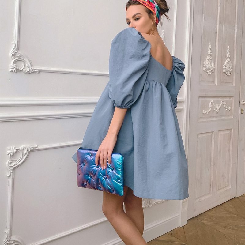 Summer Loose V-neck French Short  Pure Cotton Solid Color Dress Puff Sleeve - Image 4