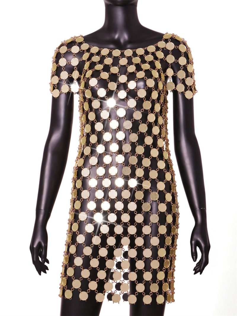 Autumn Direct Golden Acrylic Round Neck Short Sleeve Sexy Dress - Image 3