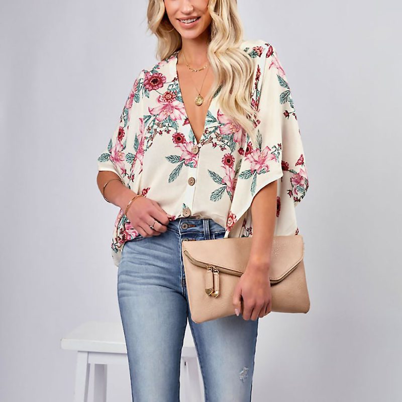 Summer Printed Cardigan Batwing Sleeve Casual Loose Shirt Women - Image 3