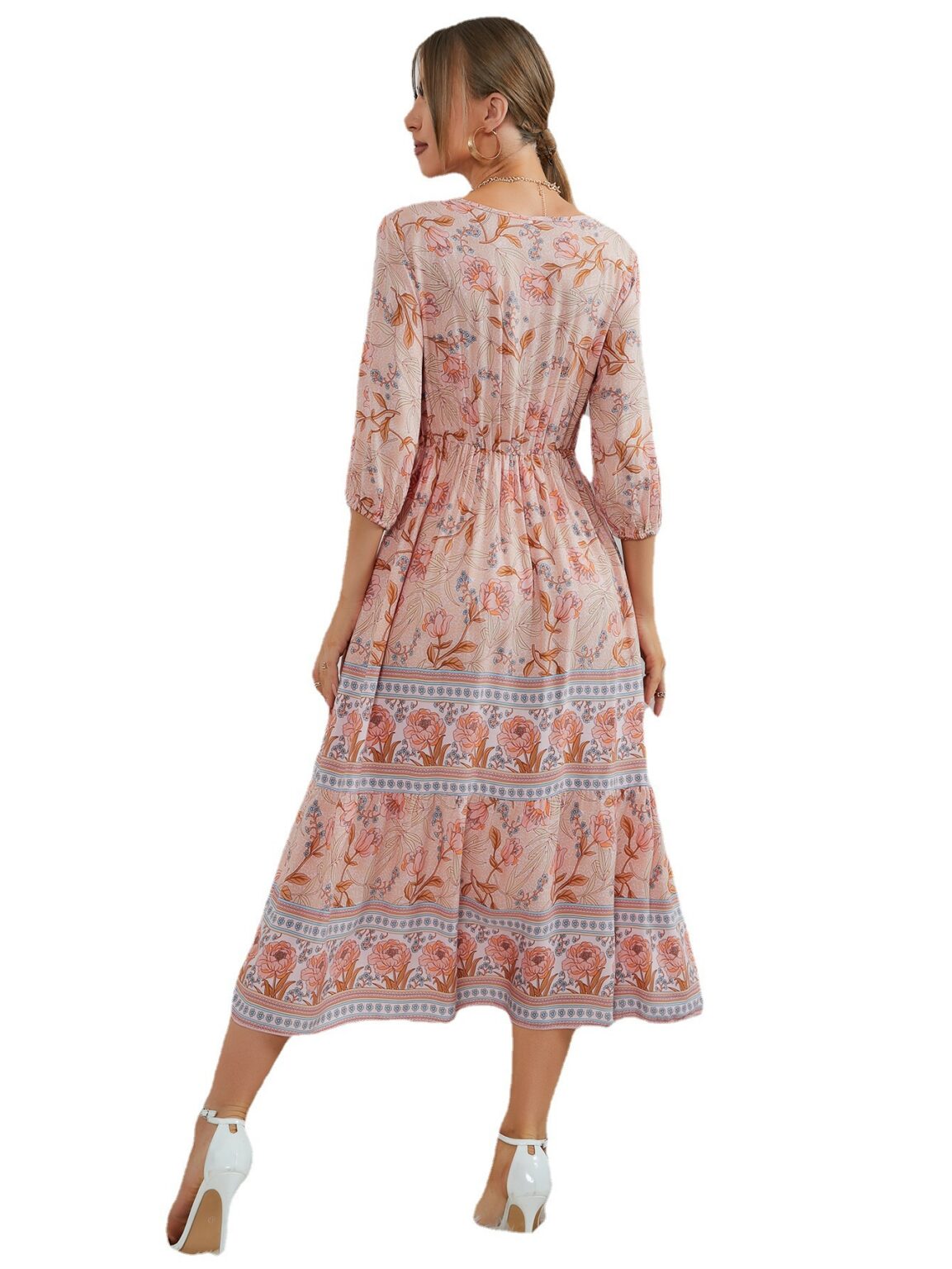 V-neck High Waist Bohemian Dress Women Mid-Length A- line Dress  Women Dress - Image 5
