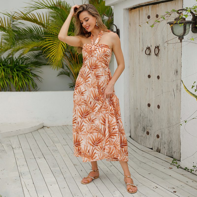 Summer Women Sexy off Shoulder Halterneck Printed Sleeveless Swing Dress Women - Image 3