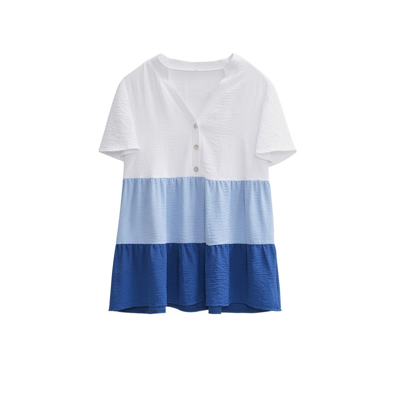 Contrast Color V neck Women Summer Loose Casual Short Sleeved Top - Image 2