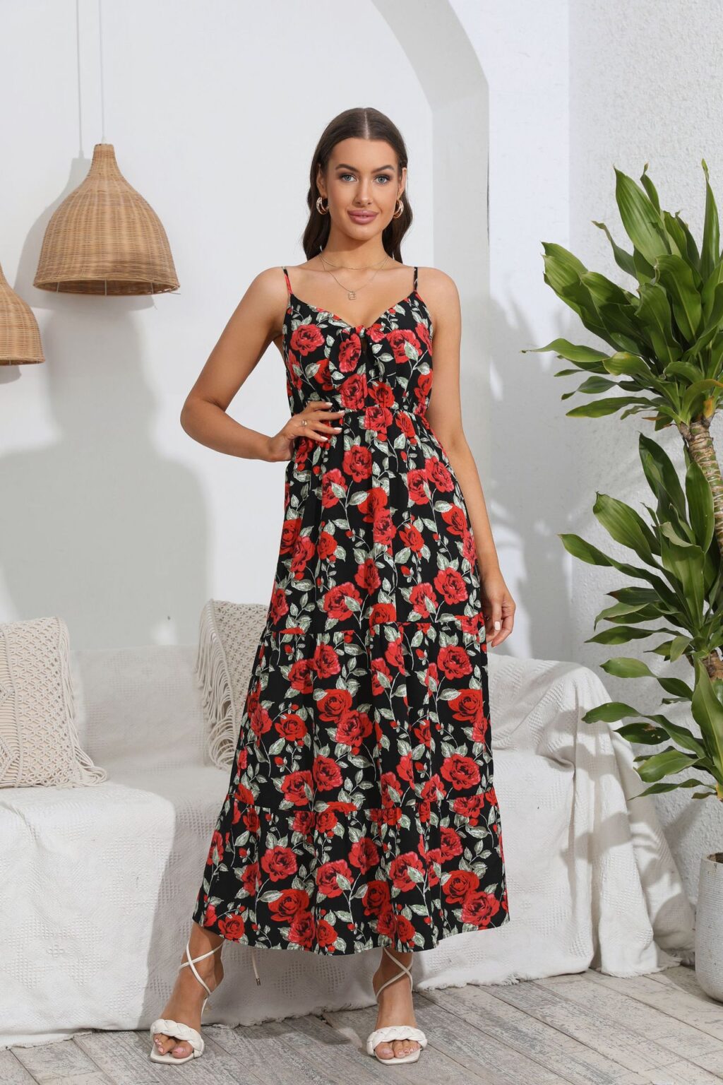 Spring Summer Popular Lace up Floral Dress Bohemian Large Swing