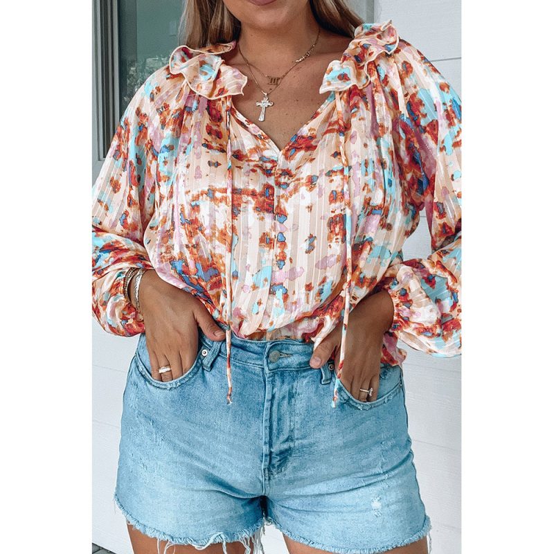 Multi Color Pattern Printed Pleated Long Sleeved Shirt Women Chiffon Shirt - Image 2