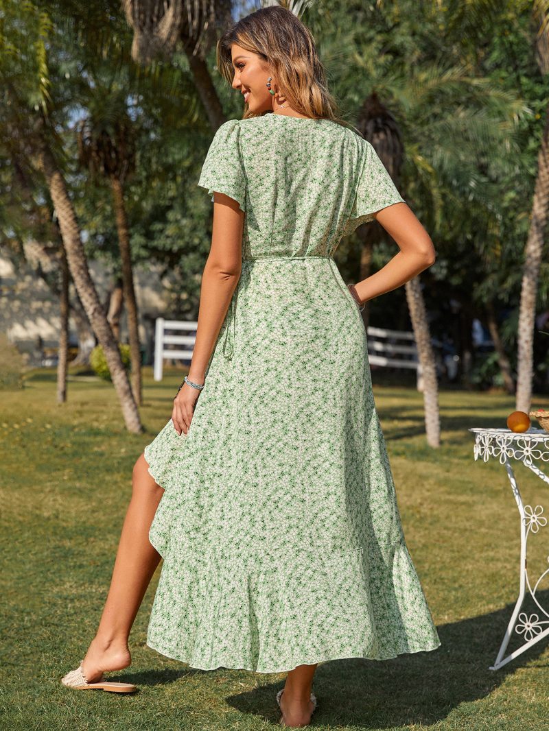 Bohemian Ruffles Sweet Floral Slim Dress V-neck Short Sleeve Ethnic High Slit Beach Maxi Dress - Image 4