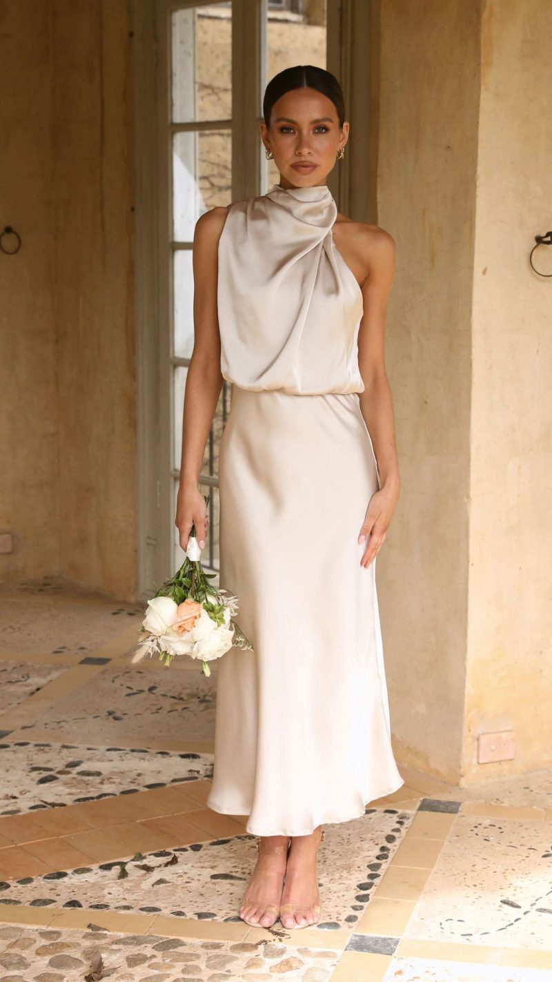 Summer Mature Elegant Women Clothing Sleeveless Halter Solid Color Satin Dress - Image 2