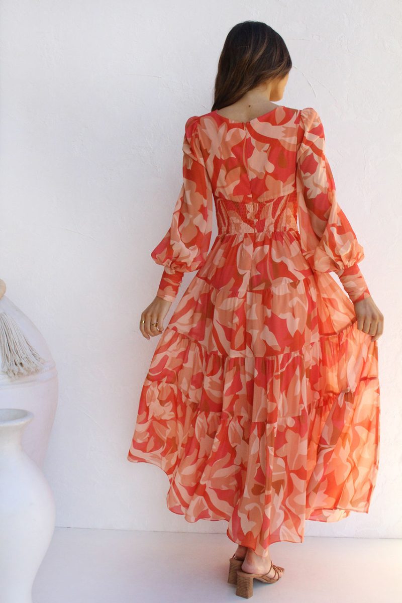 Autumn Winter Casual Printed Long Sleeve V Neck Swing Dress Maxi Dress - Image 2
