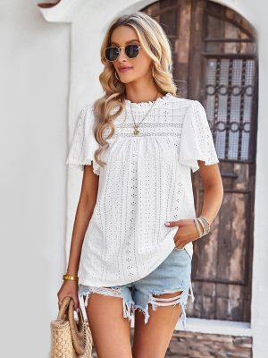 Summer Casual Solid Color Hollow Out Cutout Short Sleeve round Neck Top