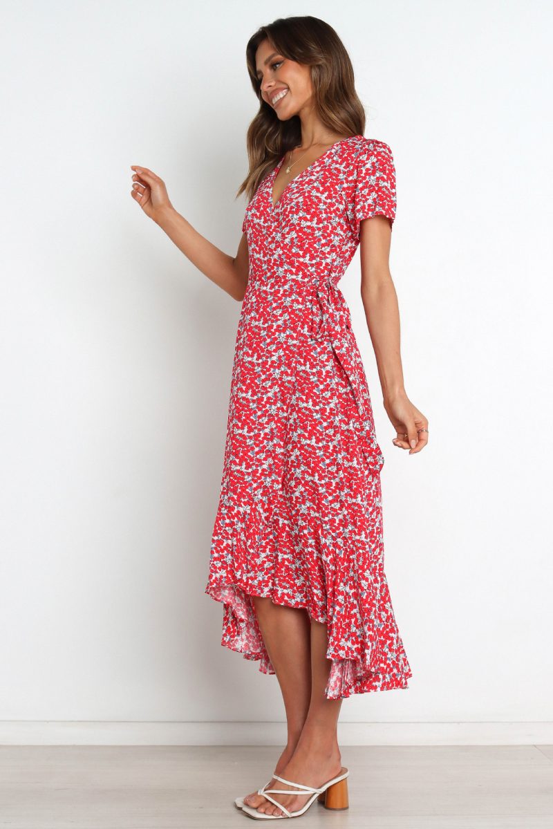 Printed Short Sleeve V-neck Lace-up Large Swing Dress for Women - Image 2