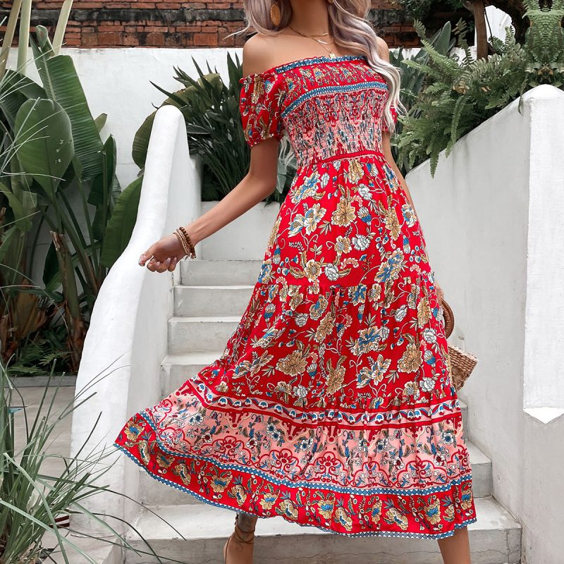 Summer Ethnic Women Clothing Off Neck Printed Dress - Image 3