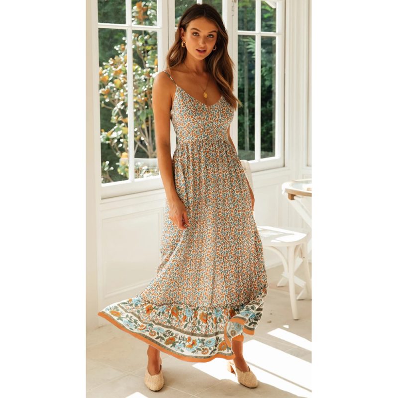 Summer  Women Clothing Bohemian V-neck Rayon Suspender  Floral Dress - Image 2