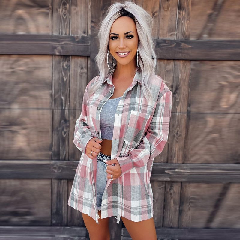 Pink Plaid Button Pocket Shirt Women Collared Long Sleeve Shirt - Image 2