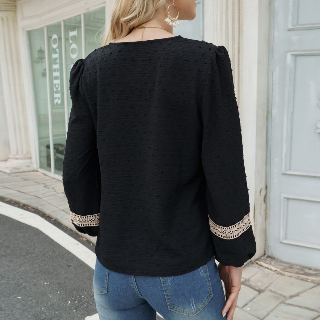 Long Sleeve V neck Top Women Clothing Jacquard Casual Shirt - Image 2