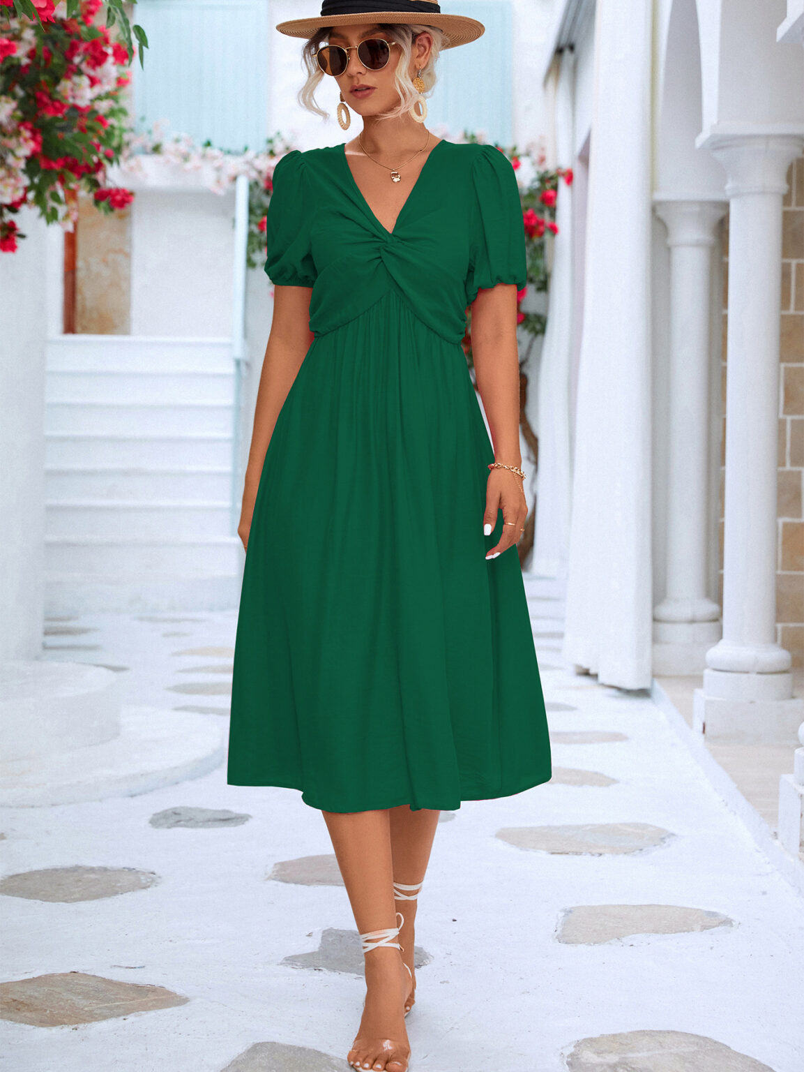 Spring Summer Women  Clothing Solid Color Short Sleeve Twist Dress - Image 3