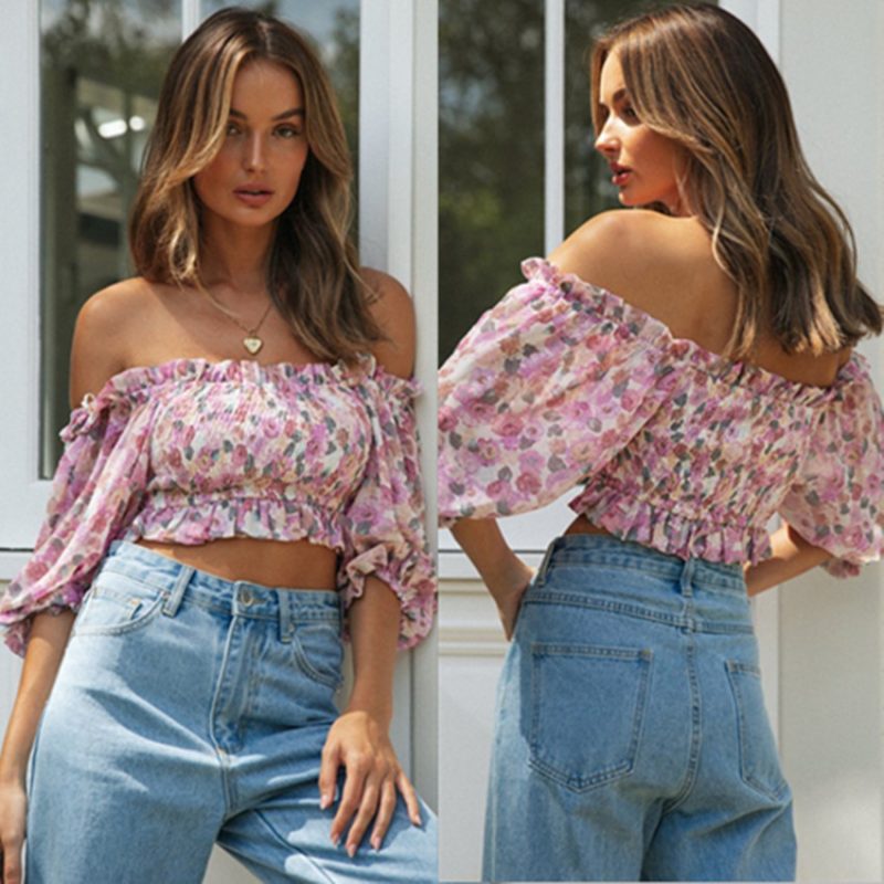 Women Clothing Casual Printed Sexy off-Shoulder Top Lantern Sleeve Shirt smocked - Image 3