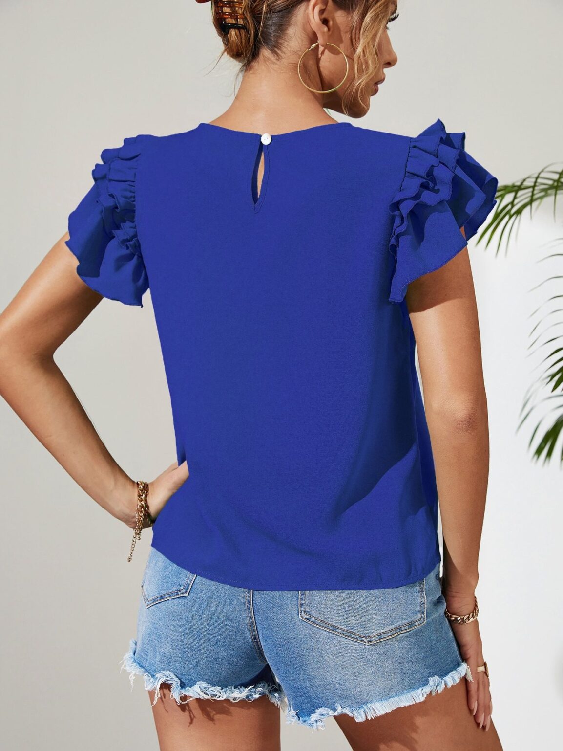 Women Clothing Summer Slim Fit Slimming Top round Neck Shirt - Image 4