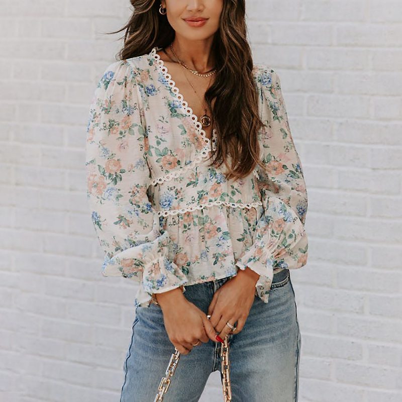 Spring Summer Printed V-neck Lantern Long Sleeve Casual Patchwork Chiffon Shirt Women Top - Image 3