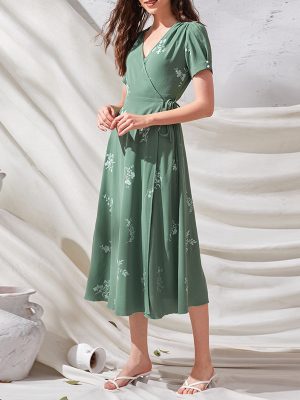 Spring Summer French Waist One Piece Dress V neck Casual Chic Stunning Women  Clothing Long Dress