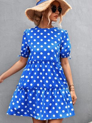 Women Clothing Spring Summer round Neck Puff Sleeve Tied Dress Short