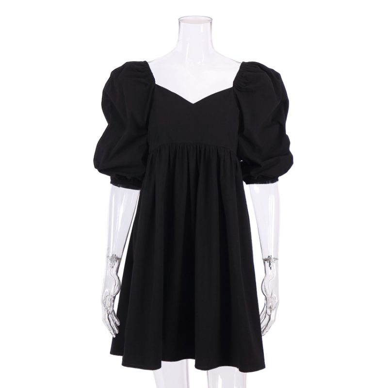 Summer Loose V-neck French Short  Pure Cotton Solid Color Dress Puff Sleeve - Image 5