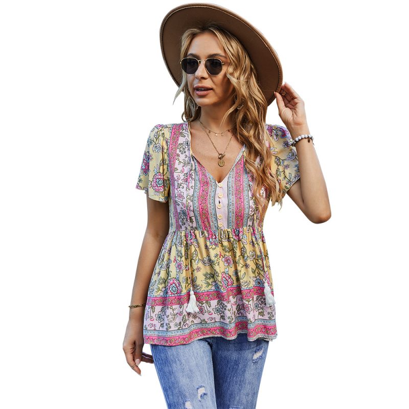 Bohemian Women Wear T-shirt Spring Summer Casual Vacation Babydoll Top - Image 5