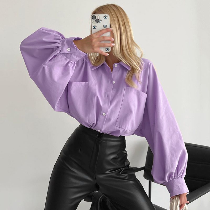 Spring Office Casual Collared Shirt Women  Pocket Batwing Sleeve Cardigan Long Sleeve Top - Image 4