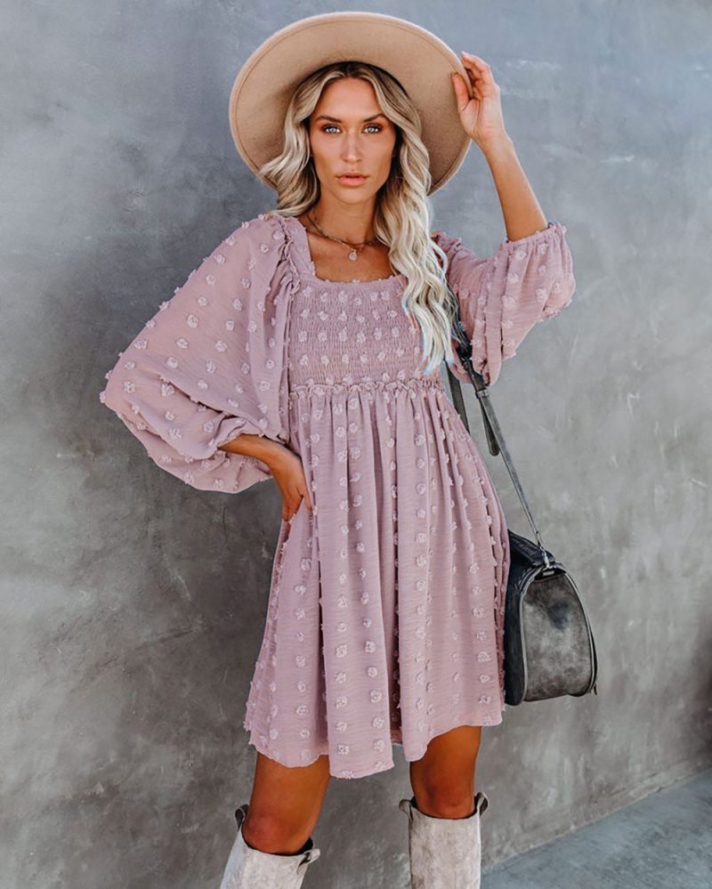 Square Collar Chiffon Polka Dots Short  Lantern Sleeve Dress - Image 5