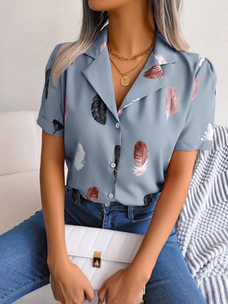 Summer Elegant Collar Feather Loose Short Sleeve Shirt Women Clothing - Image 2