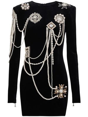 Goods Heavy Industry Beads String Pearl Badge Long Sleeve Slim Fit Pleuche Dress