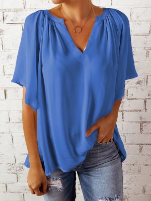 Spring Summer Summer New Loose Half Sleeve T-shirt Ladies V-neck Pullover Top