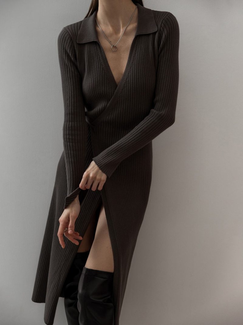Split Strap Thread Knitted Dress Mid Length Autumn Winter Polo Collar Long Sleeve Sexy Tight Dress - Image 2