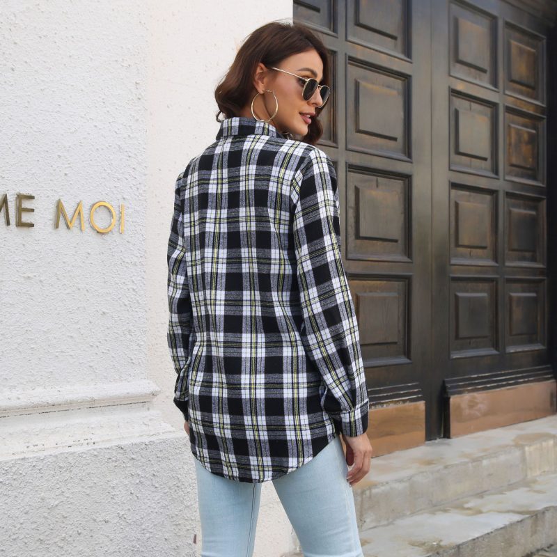 Plaid Shirt Brushed Long Sleeve Mid-Length Loose Shirt Women Top Women Clothing - Image 3