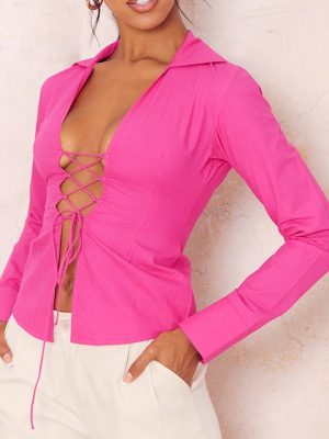 Sexy Solid Color Women  Lace Up Placket Cropped Shirt Women