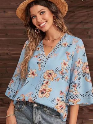 Southeast Asia Summer Loose V neck Office Bell Sleeve Lace Blouse Women Shirt