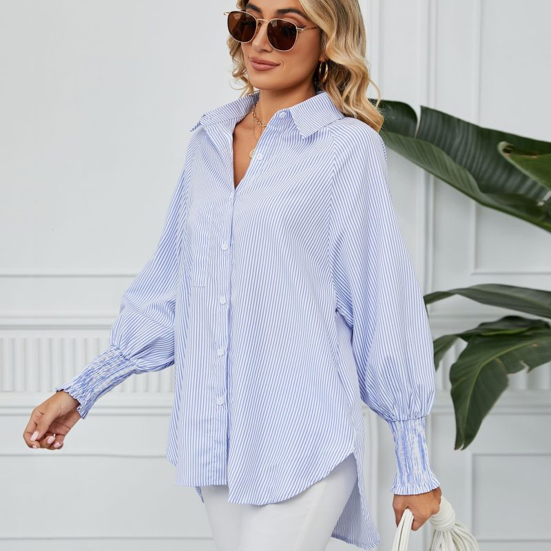 Women Clothing Trade Cuff Pleating Loose Striped Shirt Top - Image 2