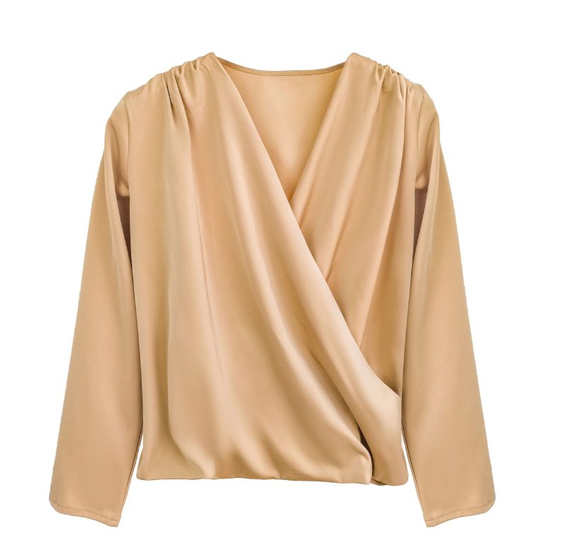 Women Clothing Spring Sexy V-neck Shirt Elegant Satin Satin Long Sleeve Loose Shirt - Image 2