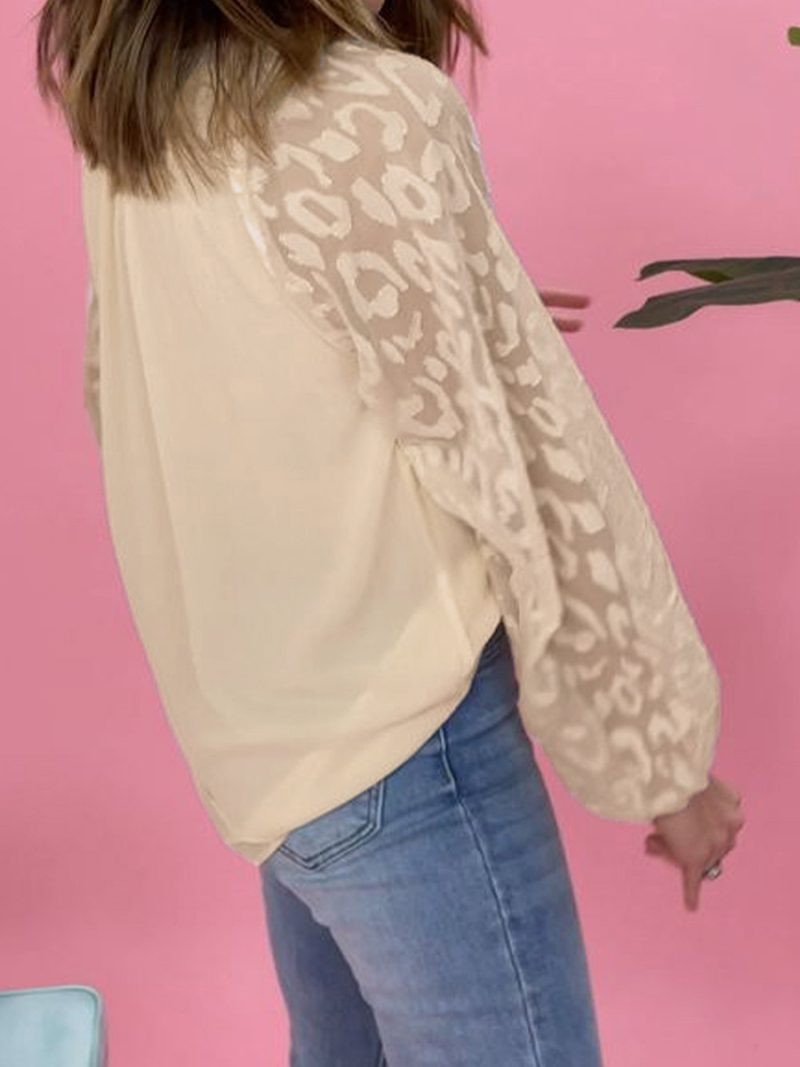 Women Clothing Mesh Puff Sleeve Split Collar Shirt Leopard Print Jacquard Stitching - Image 4