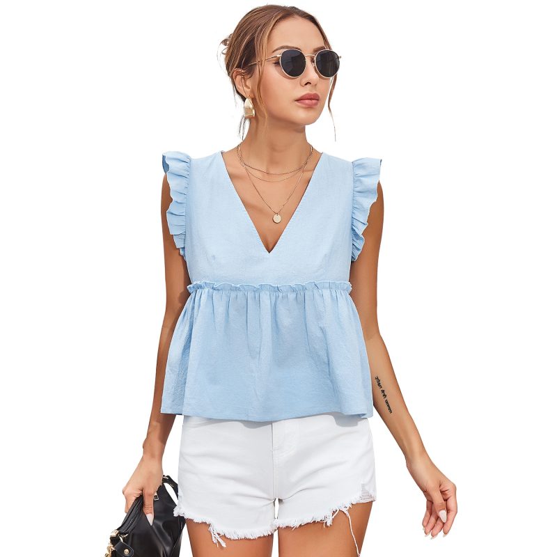 Summer  Lace Lace Patchwork Waist-Slimming V-neck Sleeveless Shirt for Women - Image 5