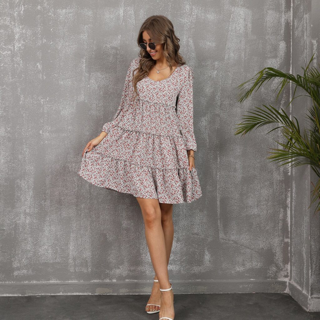 Pleated Ruffled Large Swing round Neck Long Sleeve Floral Waist Tight Waist Mid Length Women