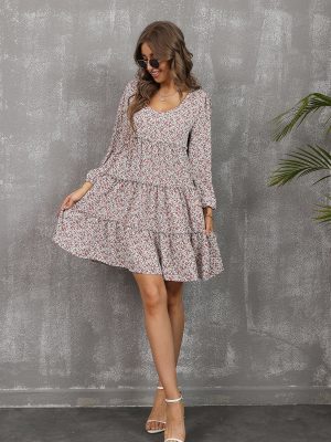 Pleated Ruffled Large Swing round Neck Long Sleeve Floral Waist Tight Waist Mid Length Women