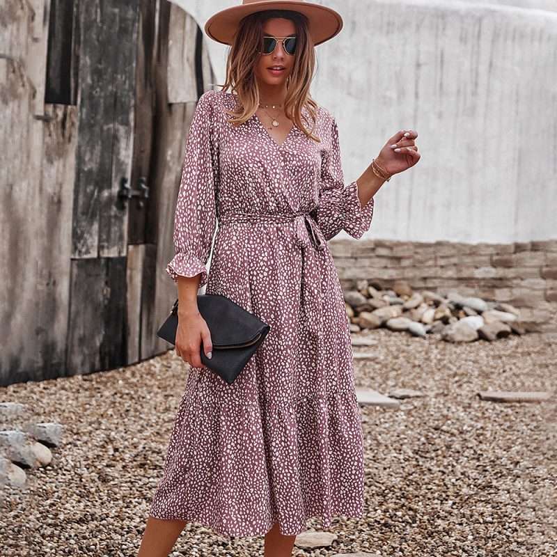 Self-Made Real Shot Casual Vacation Floral Long Sleeve Autumn Winter Dress Large Swing - Image 2
