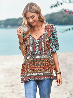 Printed Shirt Women Summer Office V neck Top