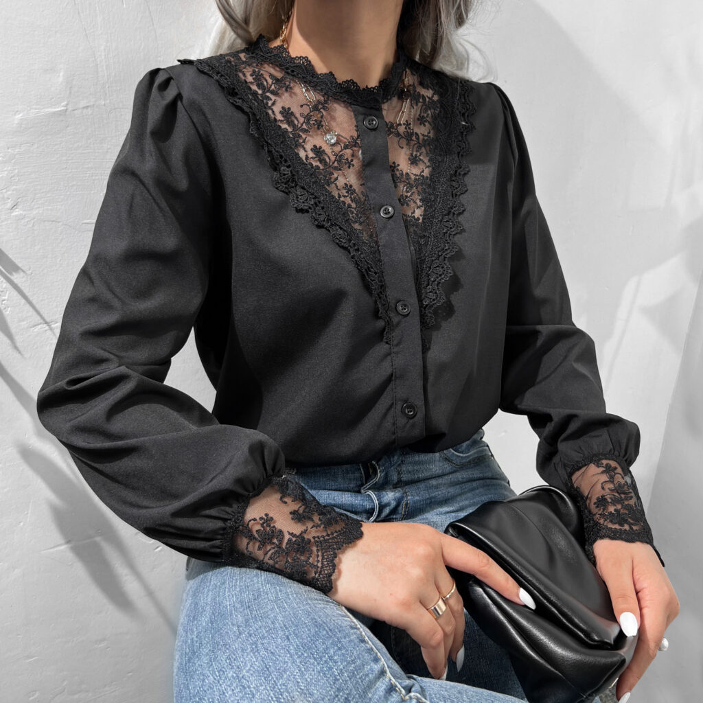 Autumn Winter Lace Shirt Lantern Sleeve Single Breasted Top - Image 4