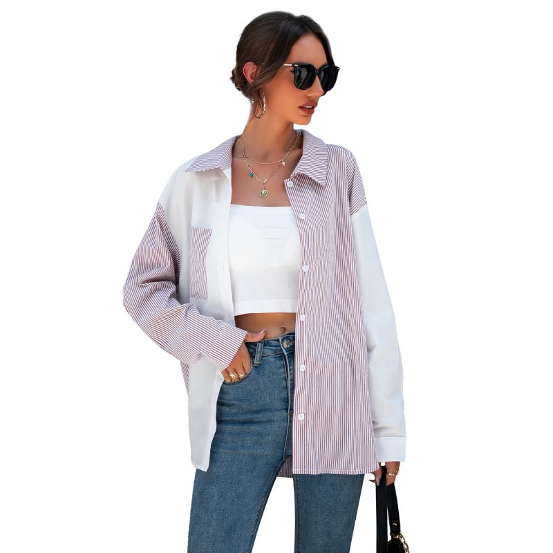 Autumn Winter Stitching Contrast Color Striped Shirt Female Spot - Image 5