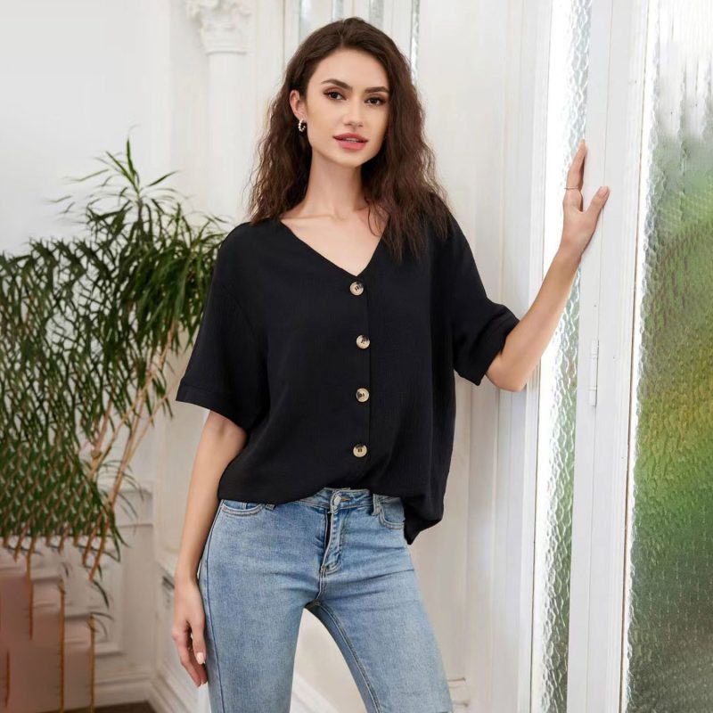 Spring Summer Women Clothing Solid Color Casual Loose V Neck Short Sleeve Shirt - Image 2