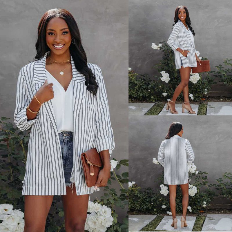 Spring Summer  Women Clothing Fashion Striped Long Sleeves Single-Breasted Casual Shirt - Image 5