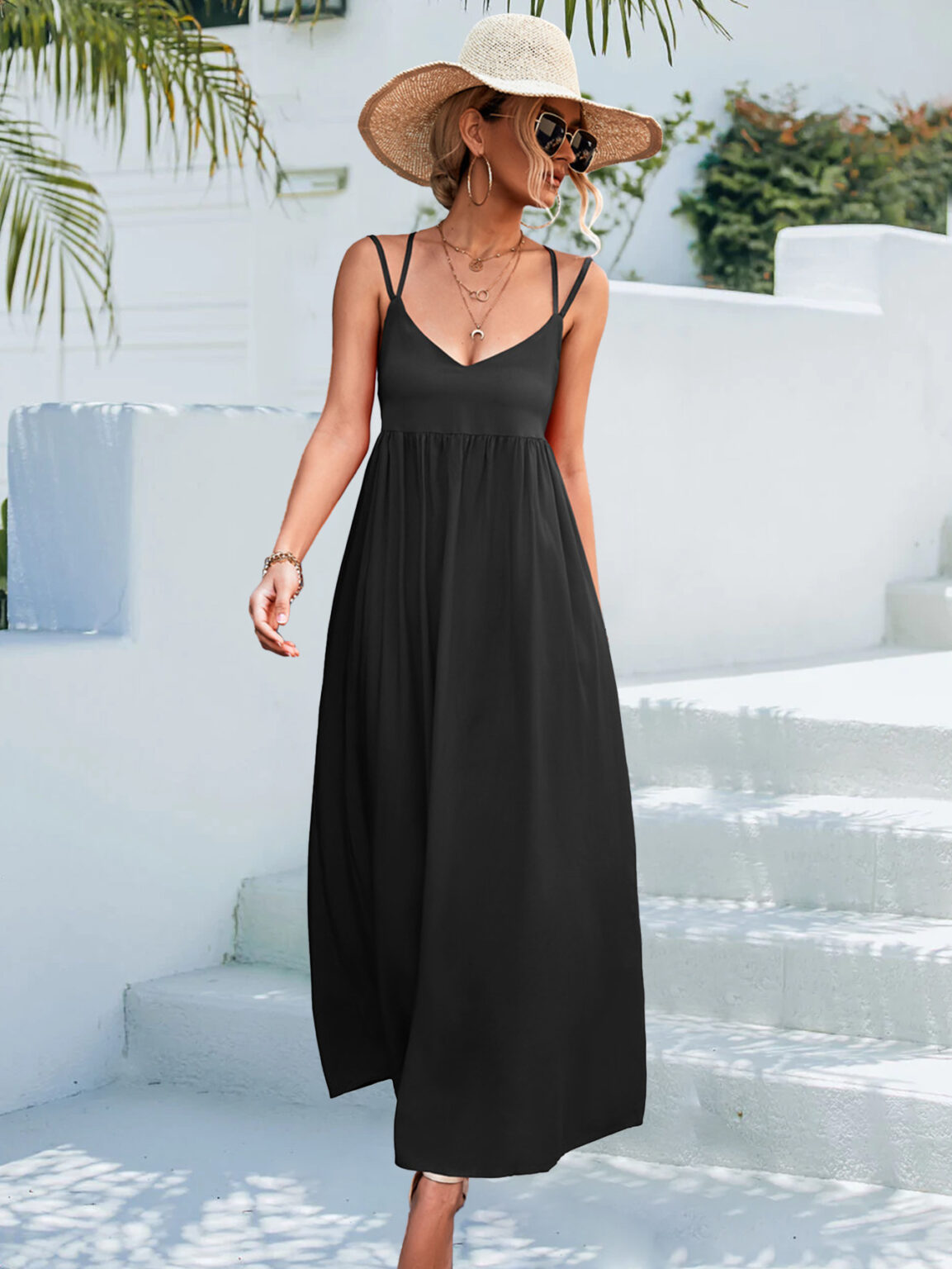 Spring Summer Sexy V neck Backless Strap Dress Beach Dress - Image 3