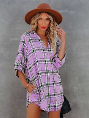 Autumn Plaid Printed V neck Long Sleeve Shirt  Women